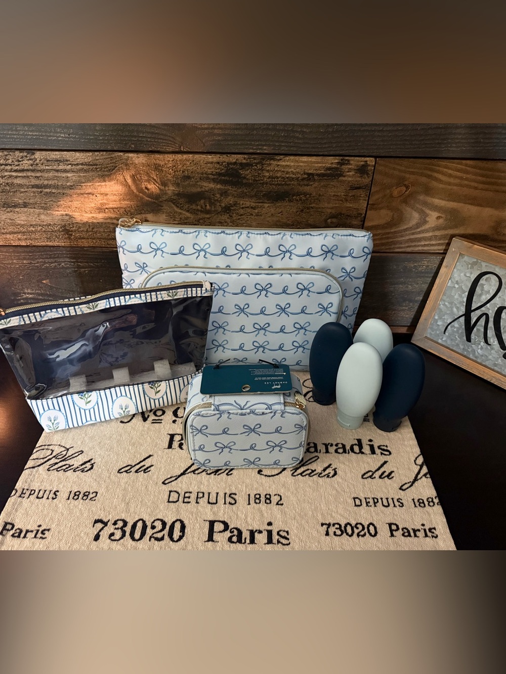 Dabney Lee Blue and White Bow Print Cosmetic and Travel Pouch Set
